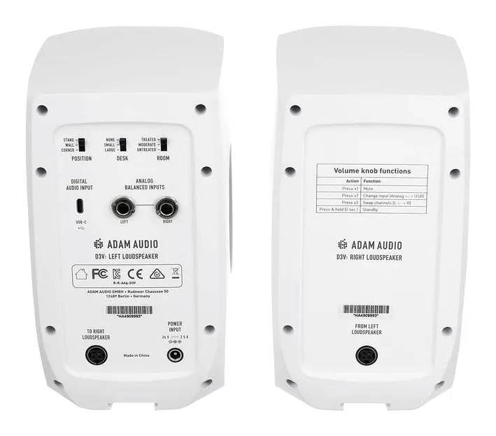ADAM Audio D3V White, de regelaars aan de achterzijde