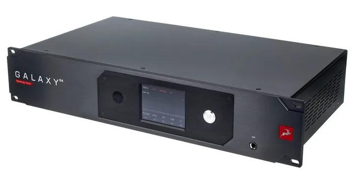 Antelope Galaxy 64 Synergy Core, het volumeknopje en de LED-meters