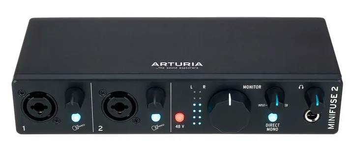 Arturia MiniFuse 2 Black, het volumeknopje en de LED-meters