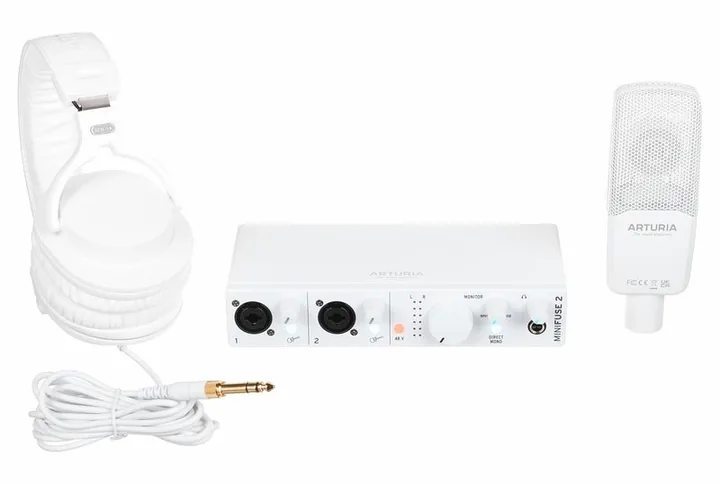 Arturia MiniFuse Recording Pack White, het volumeknopje en de LED-meters