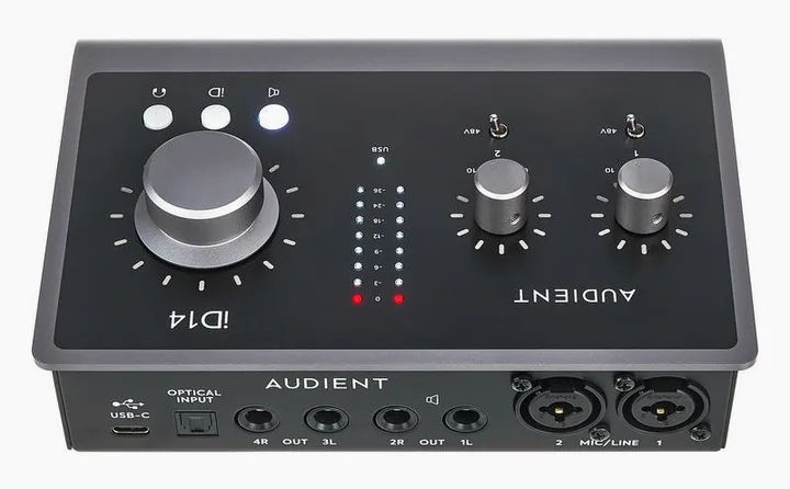 Audient iD14 MKII, het voorpaneel met de draaiknoppen