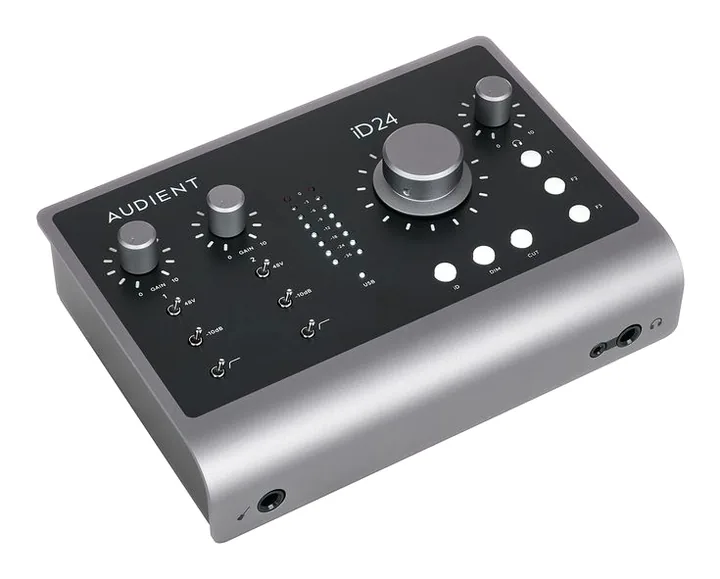 Audient iD24, het voorpaneel met de draaiknoppen