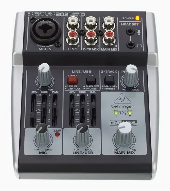 Behringer Xenyx 302USB, het volumeknopje en de LED-meters