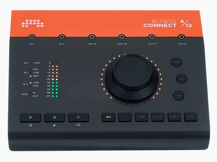 Bitwig Connect 4/12, het voorpaneel met de draaiknoppen