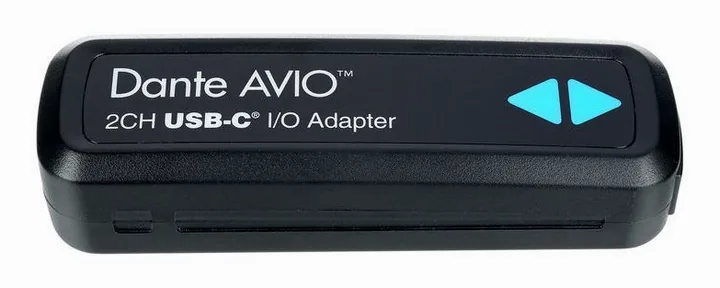 Dante AVIO USB-C IO Adapter 2x2, het voorpaneel met de draaiknoppen