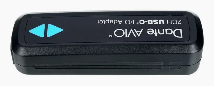Dante AVIO USB-C IO Adapter 2x2, het volumeknopje en de LED-meters
