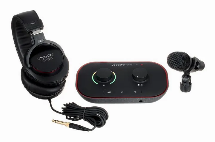 Focusrite Vocaster One Studio, het volumeknopje en de LED-meters