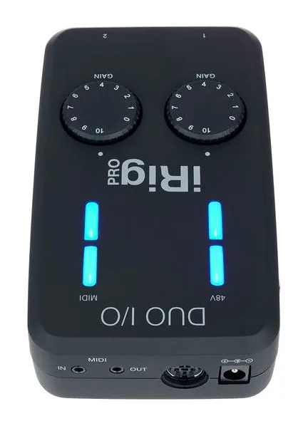 IK Multimedia iRig Pro Duo I/O, het voorpaneel met de draaiknoppen