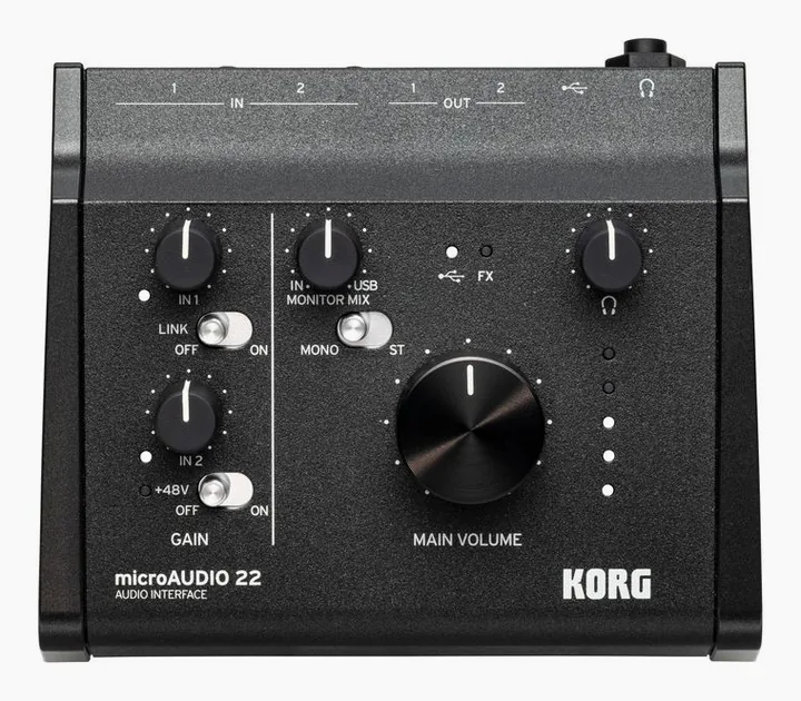 Korg microAUDIO 22, het voorpaneel met de draaiknoppen