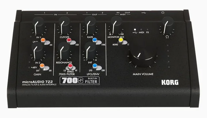 Korg microAUDIO 722, het voorpaneel met de draaiknoppen