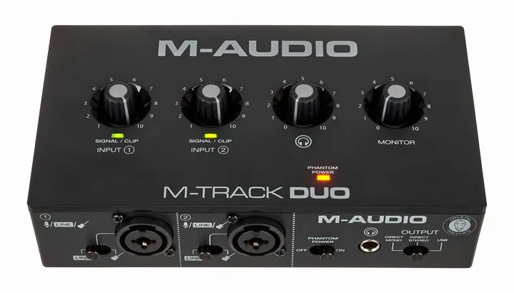 M-Audio M-Track DUO, het volumeknopje en de LED-meters