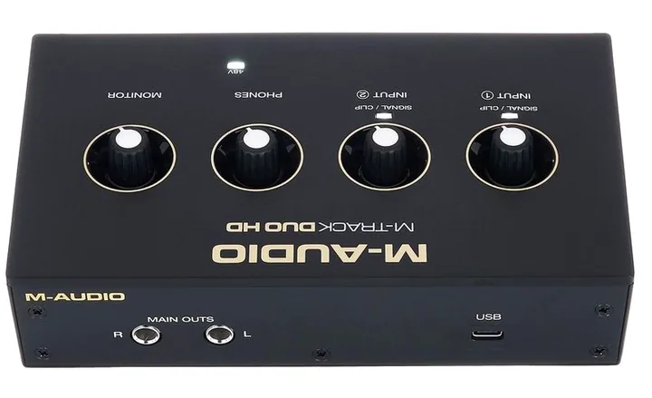 M-Audio M-Track Duo HD, het volumeknopje en de LED-meters