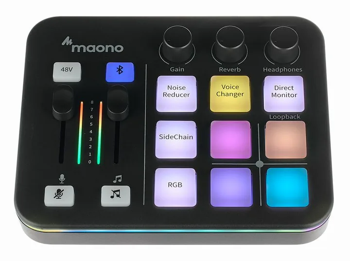 Maono Maonocaster G1 NEO, het volumeknopje en de LED-meters