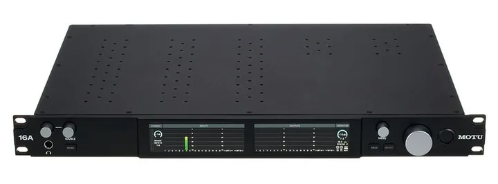 MOTU 16A (2025), het volumeknopje en de LED-meters