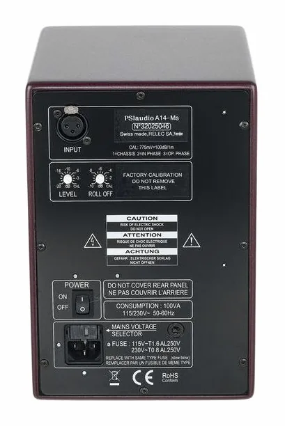 PSI Audio A14-M Studio Red, de achterkant met de aansluitingen