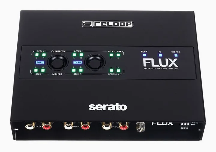 Reloop Flux, het voorpaneel met de draaiknoppen