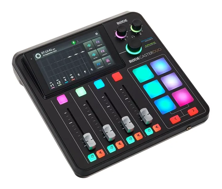 Rode Rodecaster Duo, het voorpaneel met de draaiknoppen