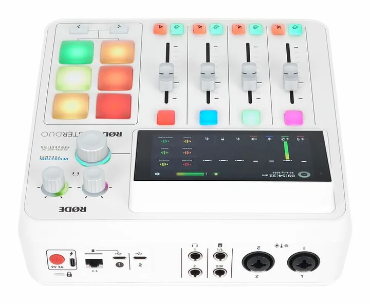 Rode Rodecaster Duo W, het volumeknopje en de LED-meters