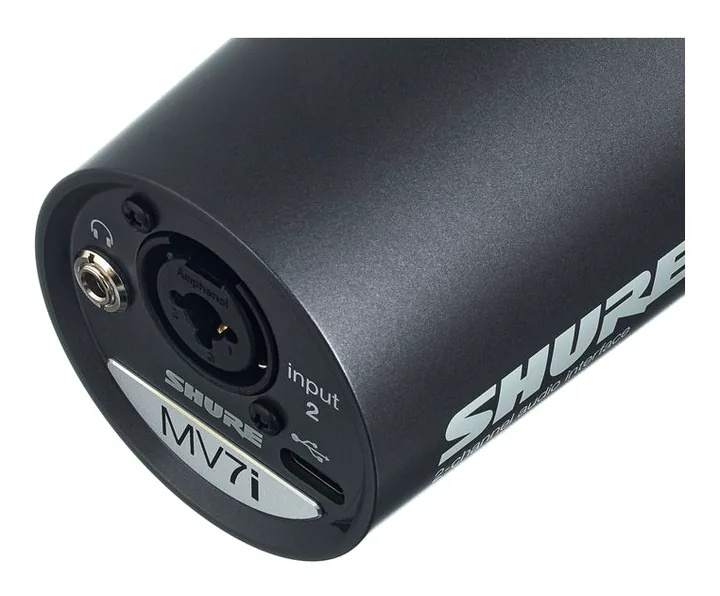 Shure MV7i, de microfoonkorf van dichtbij