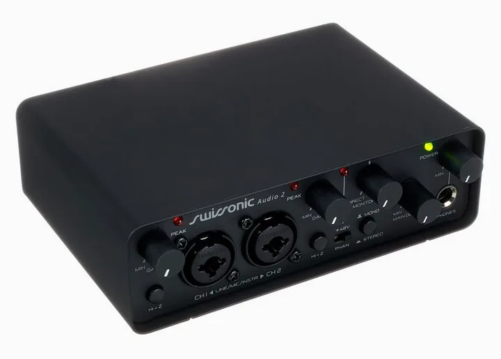 Swissonic Audio 2, het voorpaneel met de draaiknoppen