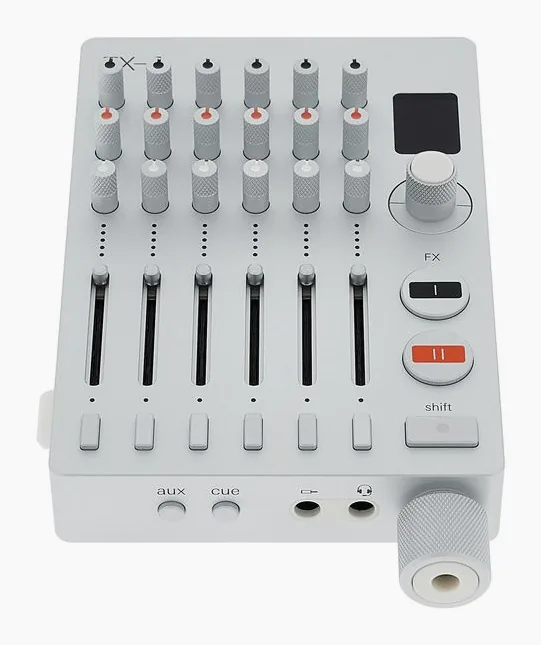 Teenage Engineering TX-6, het voorpaneel met de draaiknoppen