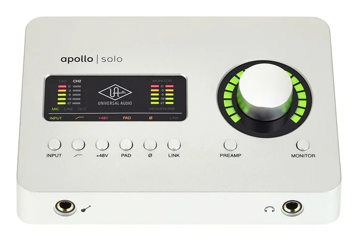 Universal Audio Apollo Solo TB3 Heritage Ed., het volumeknopje en de LED-meters