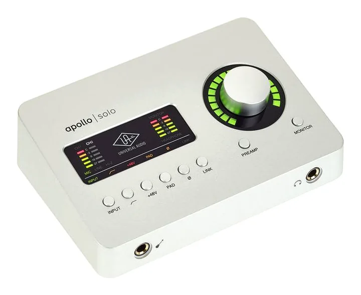 Universal Audio Apollo Solo USB Heritage Ed., het volumeknopje en de LED-meters