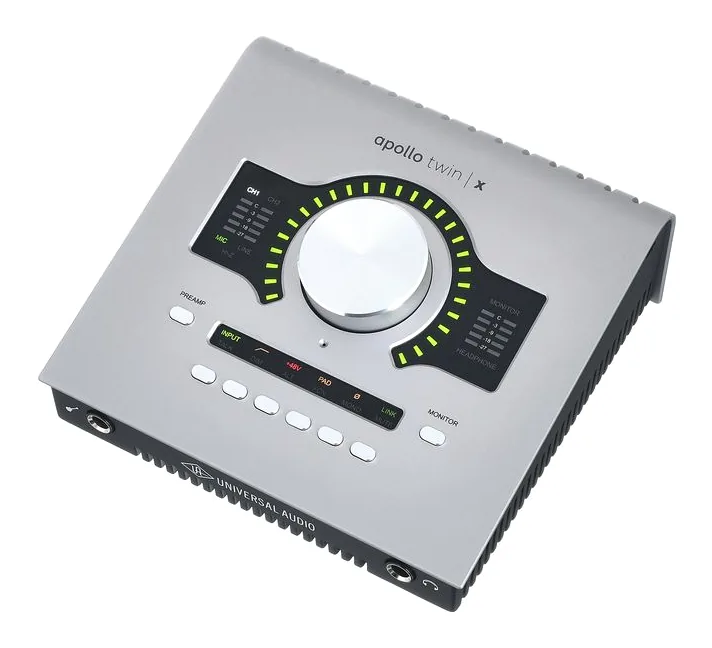 Universal Audio Apollo Twin X Quad Gen2 AC, het volumeknopje en de LED-meters
