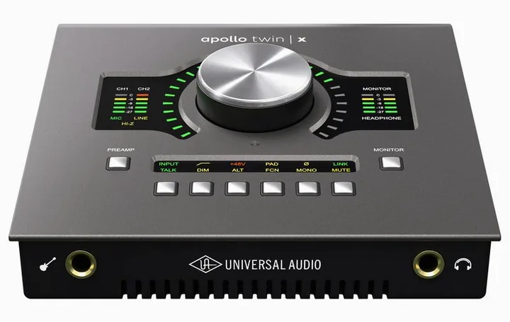 Universal Audio Apollo Twin X USB Heritage, het volumeknopje en de LED-meters