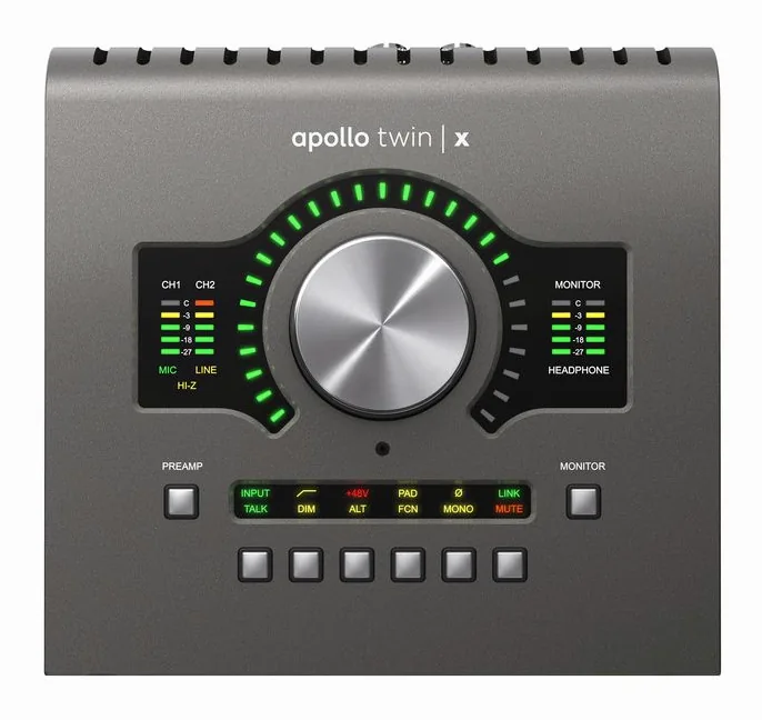 Universal Audio Apollo Twin X USB Heritage, het voorpaneel met de draaiknoppen