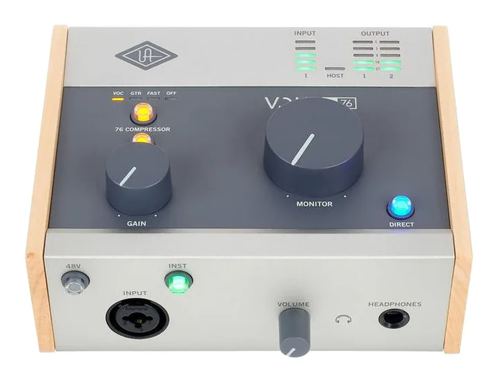 Universal Audio Volt 176 USB Recording Studio, het volumeknopje en de LED-meters