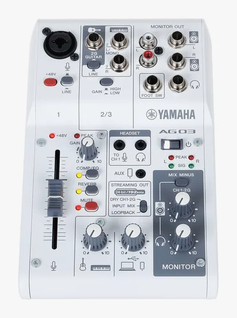 Yamaha AG03 MK2 WH, de aansluitingen aan de achterkant