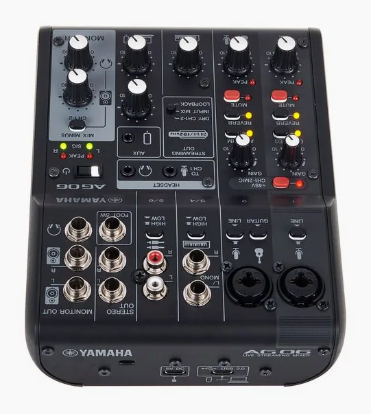 Yamaha AG06 MK2 BK, het volumeknopje en de LED-meters