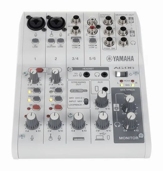 Yamaha AG06 MK2 WH, het voorpaneel met de draaiknoppen