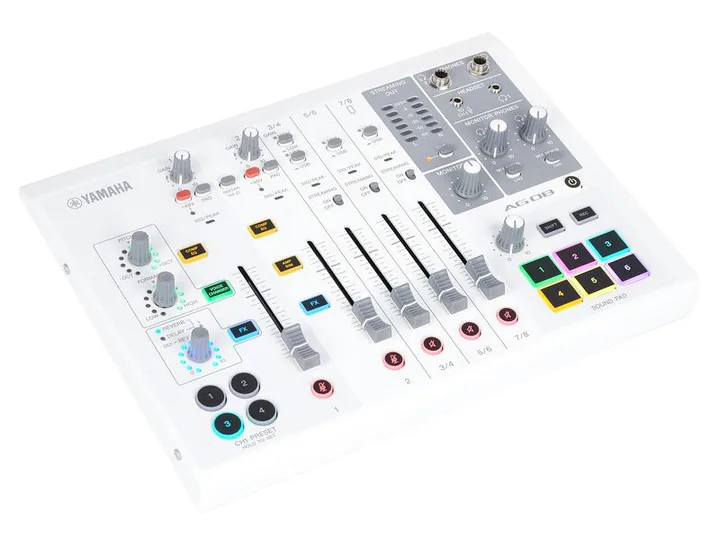 Yamaha AG08 WH, het volumeknopje en de LED-meters