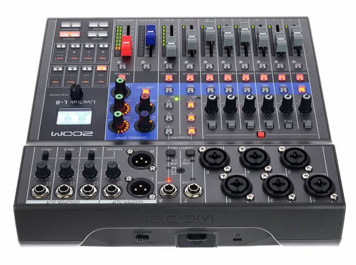 Zoom LiveTrak L-8 Mic Set, het voorpaneel met de draaiknoppen