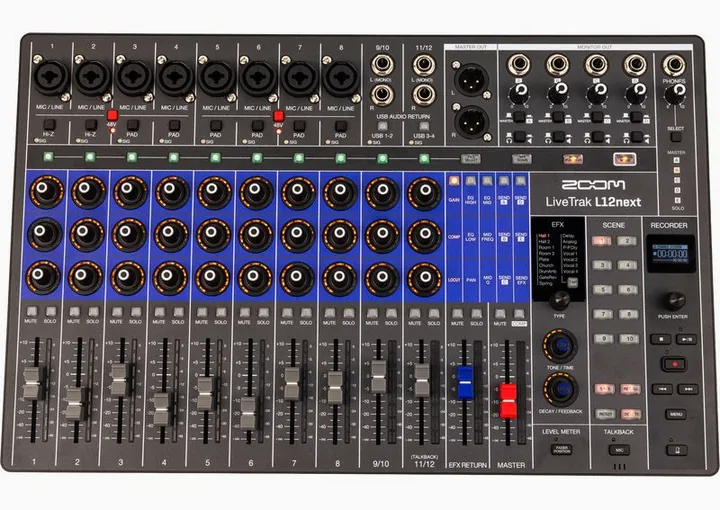 Zoom LiveTrak L12next, het voorpaneel met de draaiknoppen