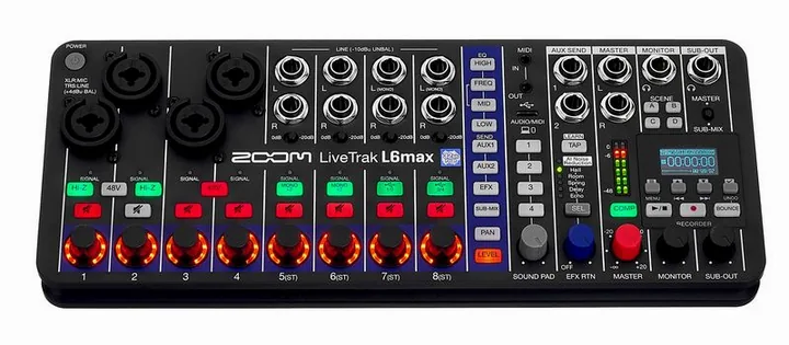 Zoom LiveTrak L6max, het voorpaneel met de draaiknoppen