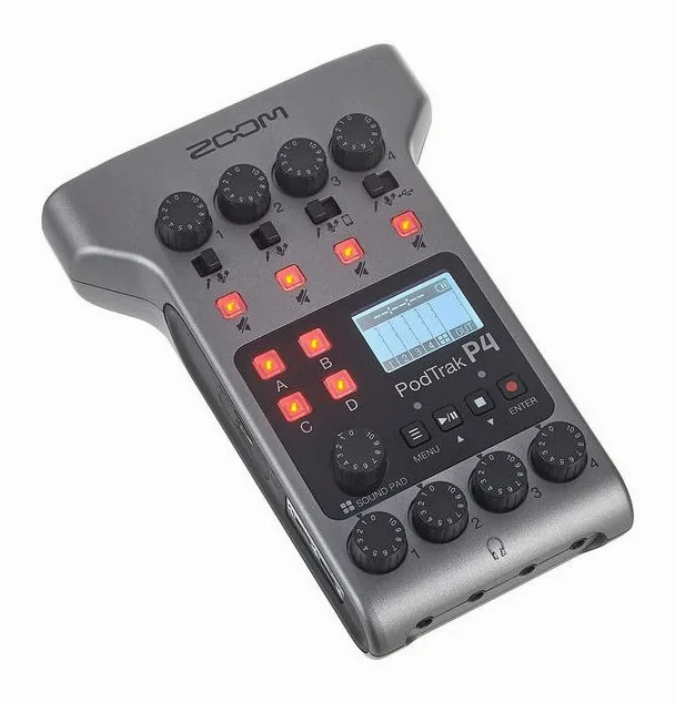 Zoom PodTrak P4, het volumeknopje en de LED-meters