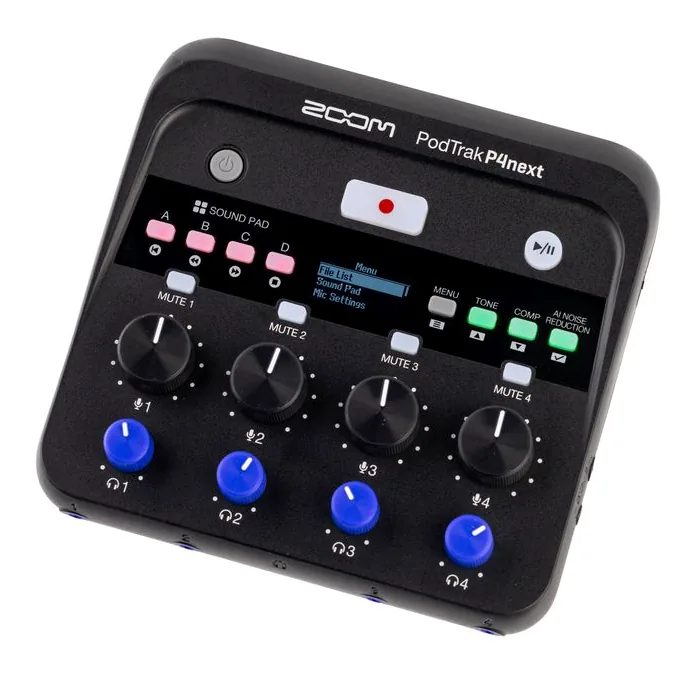 Zoom PodTrak P4next, het volumeknopje en de LED-meters
