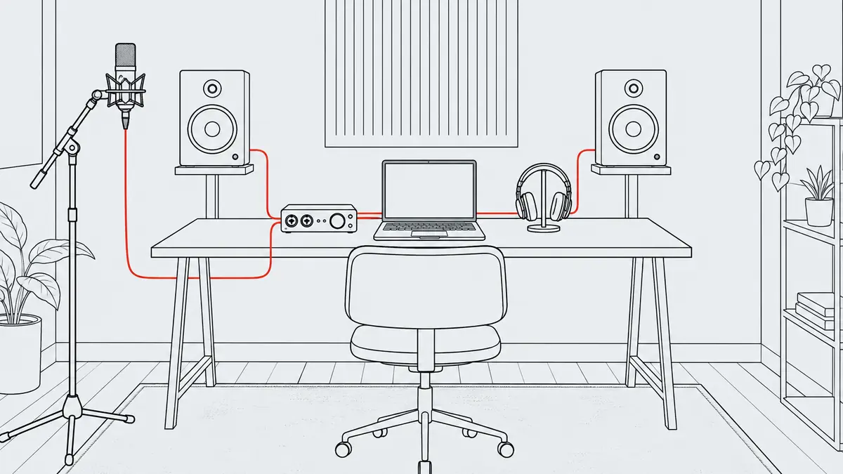 De signaalketen van microfoon via interface en laptop naar monitors, verbonden door een rode signaallijn