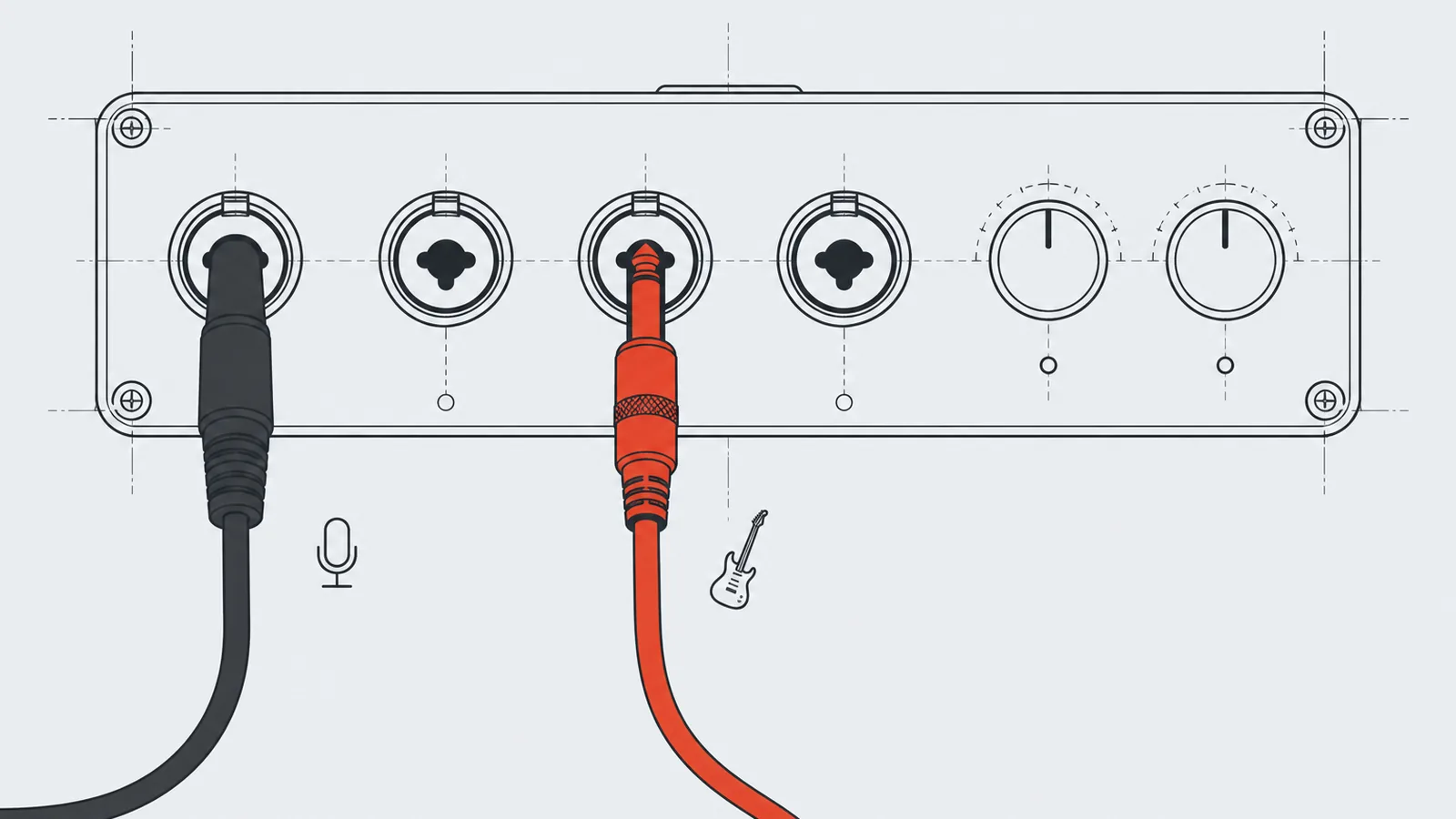 Bovenaanzicht van een compacte audio-interface met vier ingangen, waarvan er twee bezet zijn